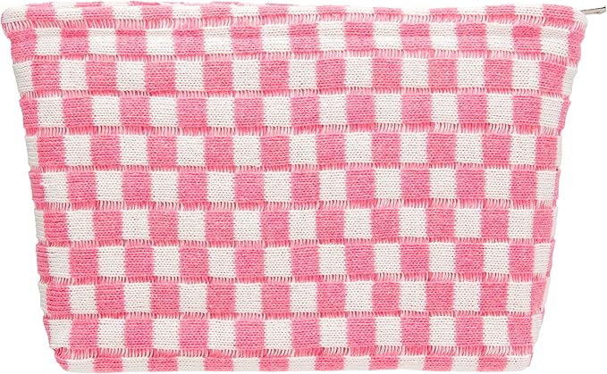 PAZIMIIK Checkered Makeup Bag for Purse, Small Flat Cosmetic Pouch,Pink