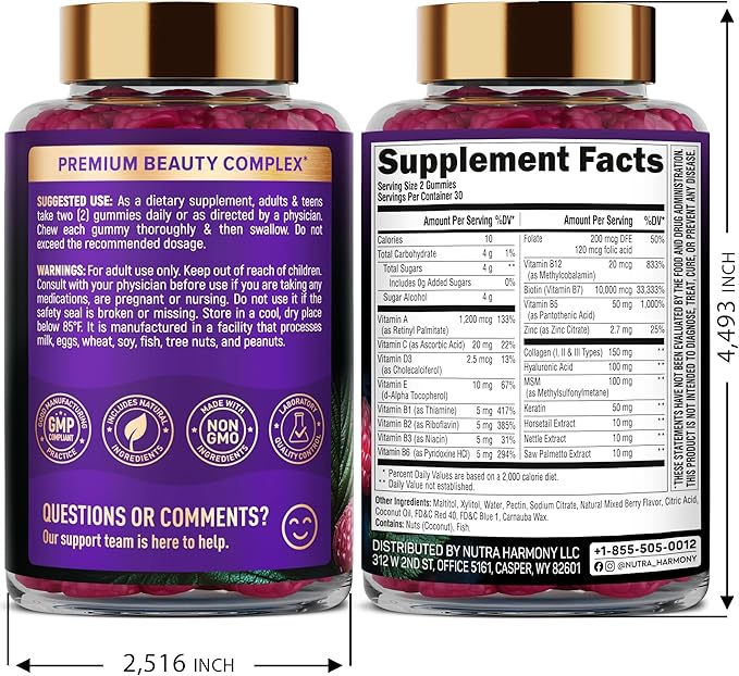 Biotin Gummies for Hair Growth Support - for Women & Men - Berry, Pack of 2