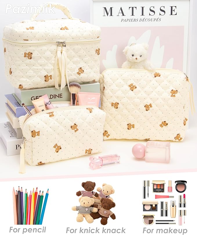 3 Piece Quilted Makeup Bag Set for Women,Cosmetic&Toiletry Bag,Gauze Bear