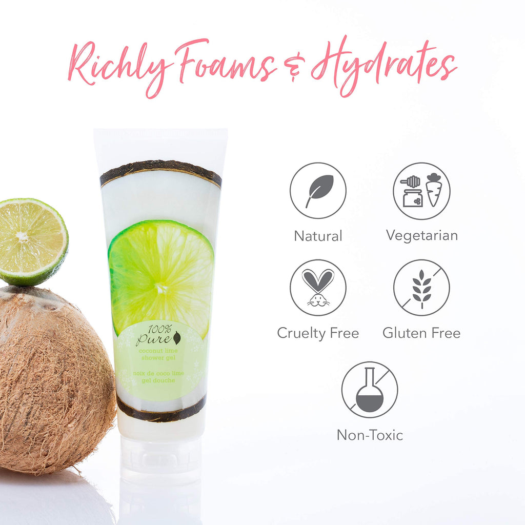 100% PURE Coconut Lime Shower Gel Natural Foaming & Hydrating Body Wash