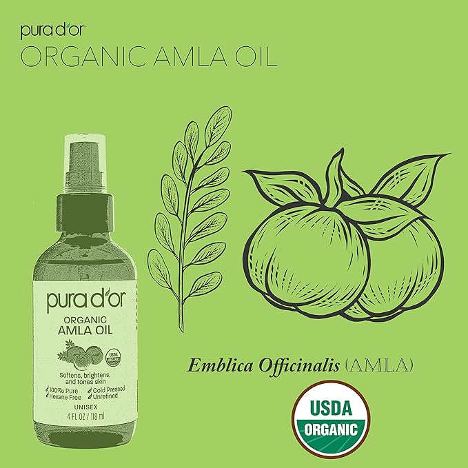 PURA D'OR 4 Oz ORGANIC Amla Oil, 100% Pure USDA Certified Premium Grade, Cold Pressed, Unrefined, Extra Virgin, Hair Serum & Thickening Hair Product w/Pump for Women & Men, Ayurvedic Skin Care