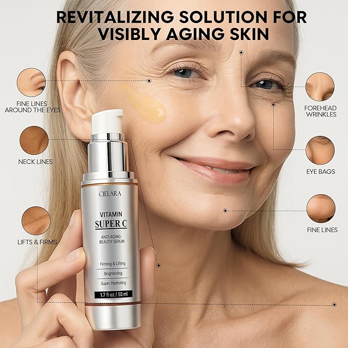 CIELARA Vitamin C Serum for Face, Anti Aging 20% Super C Serum With Vit C Hyaluronic Acid, Vitamin E, Peptides, Collagen Wrinkle Serume for Dark Spot, tighten, firming, lift, Brightening-1.9 Fl Oz