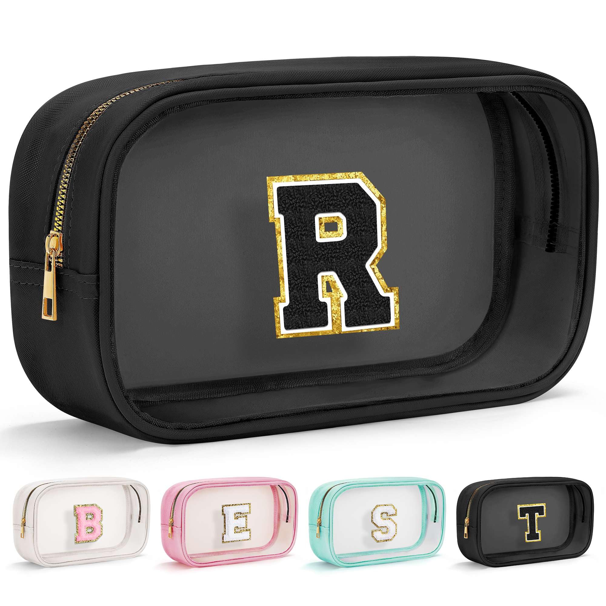 YOOLIFE Initial Travel Makeup Bag Pouch, Clear Toiletry Bag for Women Travel Accessories Cosmetic Bag Skin Care for Teen Make Up Bags Birthday Gifts for Women Unique Teacher Mom Friends Gifts Black R