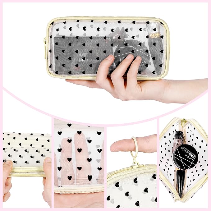4 Pieces Mini Zipper Nylon Mesh Pouch, Mesh Cosmetic Bags Makeup Bags, Multipurpose Travel Toiletry Bags for Office Supplies and Travel Accessories (Heart Print-Beige, M)