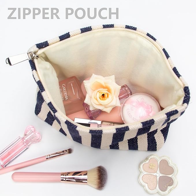 Flat Makeup Bag for Women,Zipper Cosmetic Pouch for Purse,Stripe Navy Blue