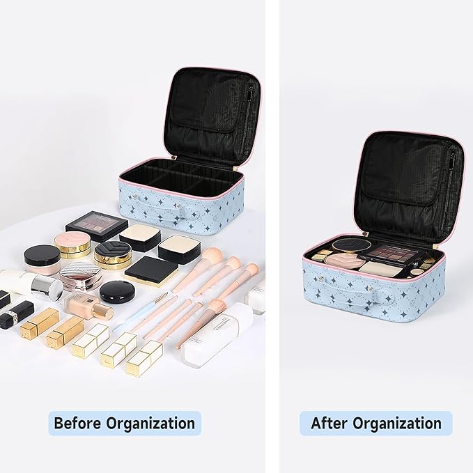 M Y U R E N Travel Makeup Bag,Waterproof Cosmetic Organizer, Adjustable Dividers,Portability Cosmetic Train Case,Makeup organizer,Gift for Women,Girls Gift (Blue+Pink)