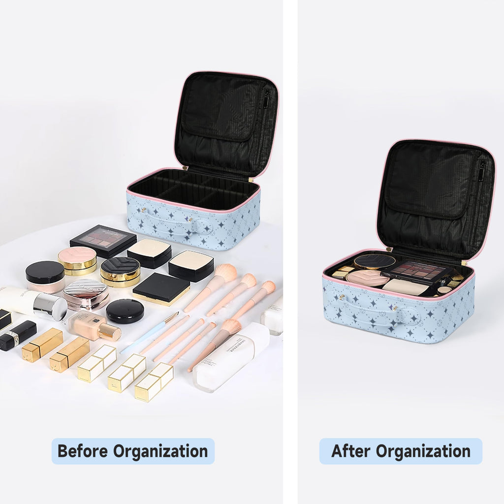M Y U R E N Travel Makeup Bag,Waterproof Cosmetic Organizer, Adjustable Dividers,Portability Cosmetic Train Case,Makeup organizer,Gift for Women,Girls Gift (Blue+Pink)