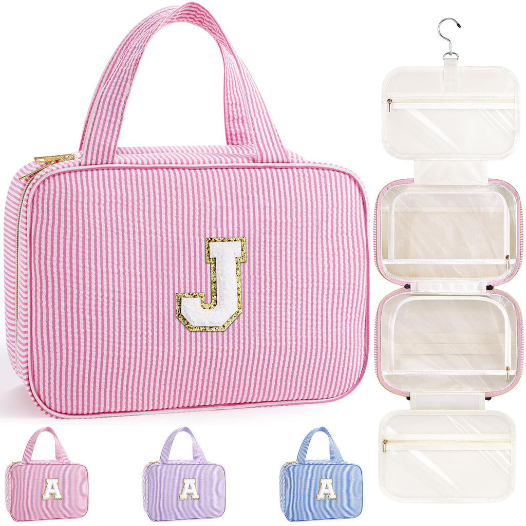 TOPEAST Travel Toiletry Bag Makeup Bag - Hanging Toiletry Bag for Women, Portable Toiletries Travel Bag and Cosmetic Bag, Airplane Travel Essentials Travel Toiletry Bag - Letter J, Pink
