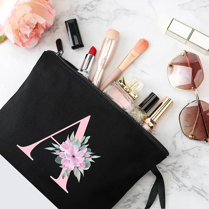 Vavabox A-Z Personalized Makeup Bag, Birthday Gifts for Women Mom, Gifts for Best Friend, Bride Bridesmaid Cosmetic bag (A, 02-Black)