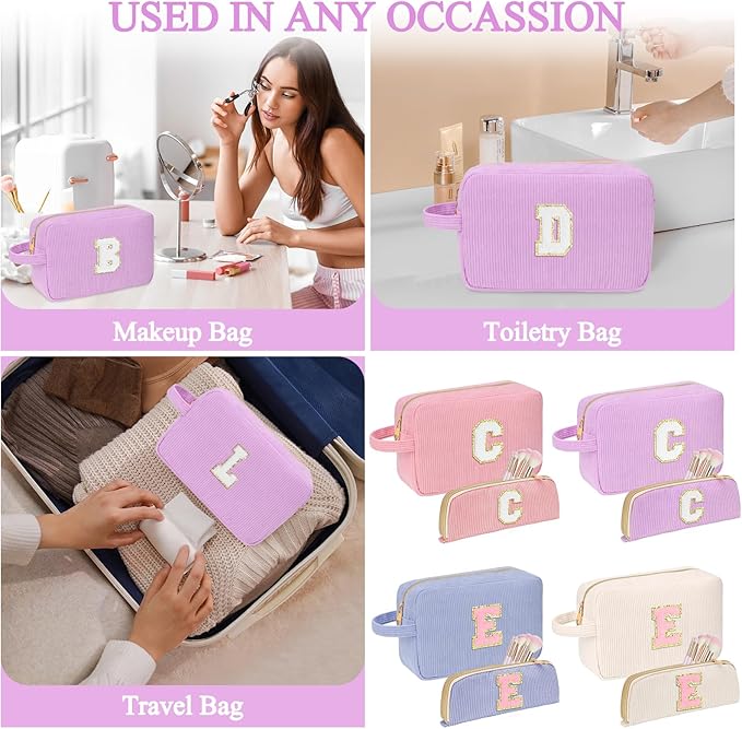 Sernaxi Personalized Initial Makeup Bag Trendy Stuff Corduroy Cosmetic Bag Travel Toiletry Bag, Valentine’s Day Gift Makeup Organizer Case & Makeup Pouch for Women teen Girls Mom Girlfriend Wife