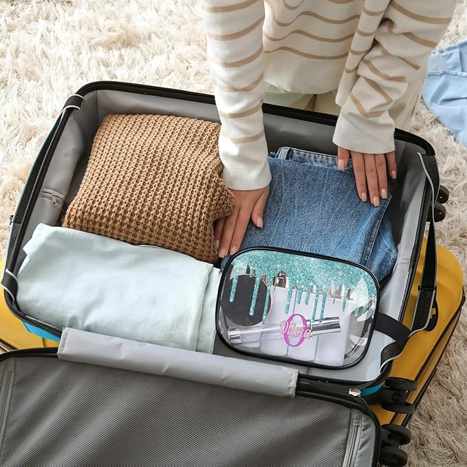 KFNHN Custom Transparent Travel Toiletry Bag for Women, PVC Large Makeup Bag, Cosmetic Bag, Comestic Essentials for Women, Water Flow Shape Aqua Blue Shiny Glittering