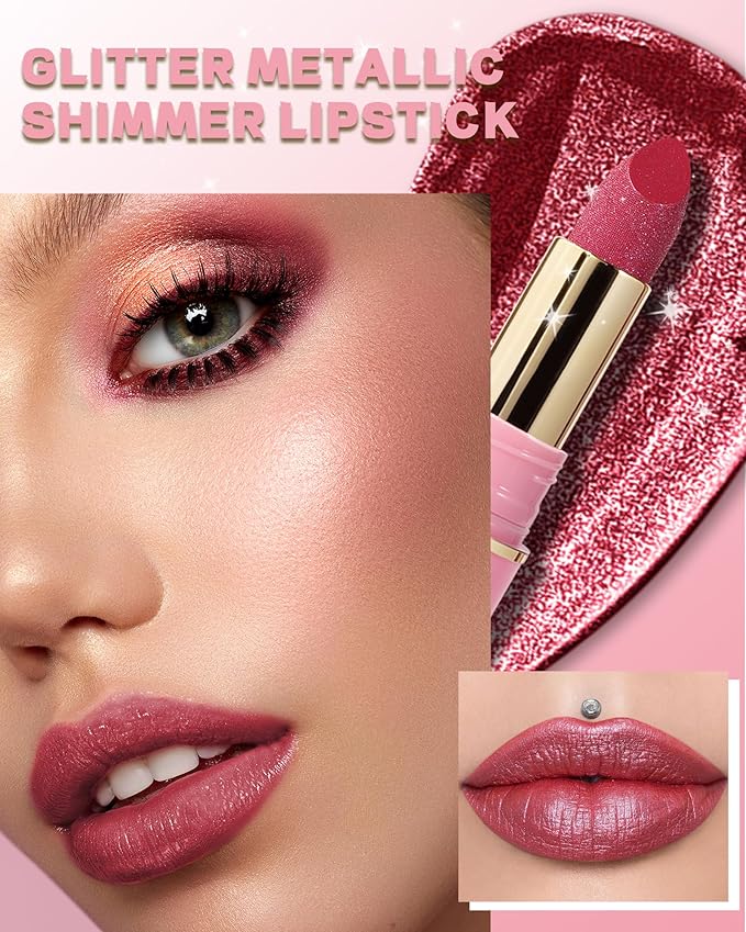 Caedelfly Glitter Metallic Rose Nude Shimmer Lipstick Long Lasting,Glitter Diamond Shine Red Lipstick Transfer Proof Non-Stick Lip Gloss Shimmer Highly Pigmented Full Coverage Lip Makeup for Women-05