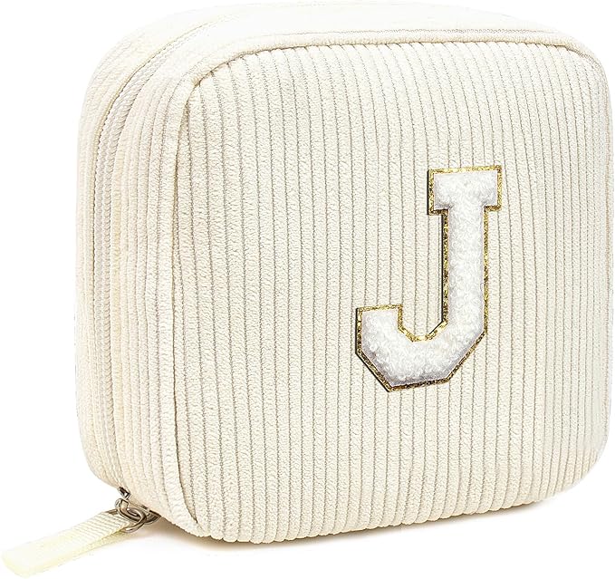 Easter Gifts for Kids - Monogram Personalized Initial Makeup Bags Cosmetic Pouch Make Up Case for Women Her Best Friend Friendship Sister Teacher, Birthday Gifts for Women (Letter J, Beige)