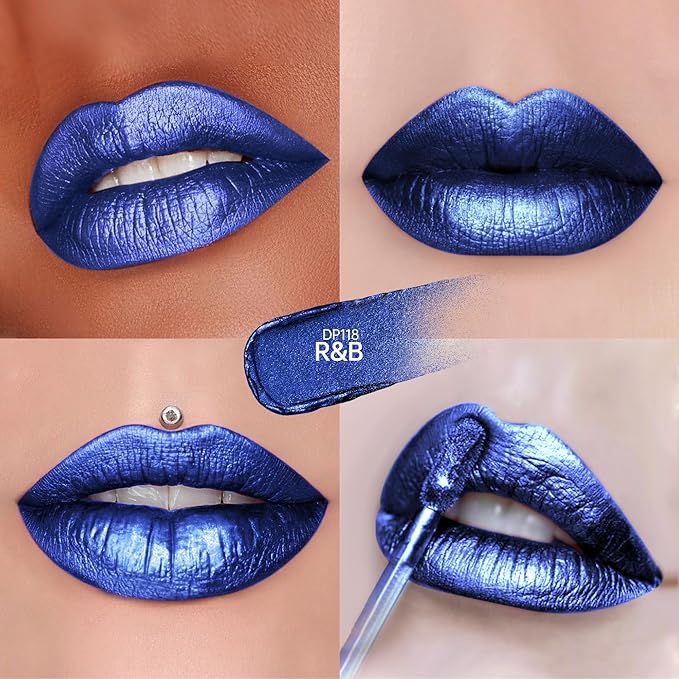 Depuplum Blue Lipsticks for Women Metallic Glitter Long Lasting Lipstick