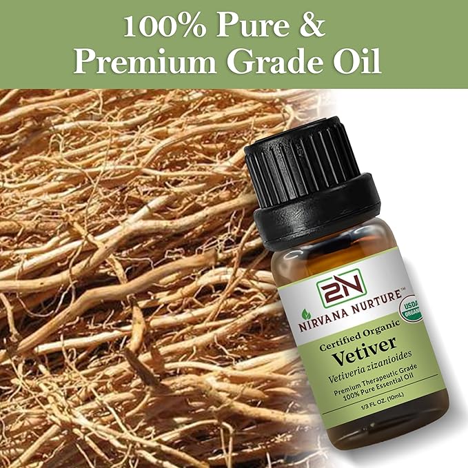 Nirvana Nurture Vetiver Essential Oil, USDA Certified Organic, 100% Pure Undiluted, Aromatherapy Oil for Diffuser, Hair & Skin Care