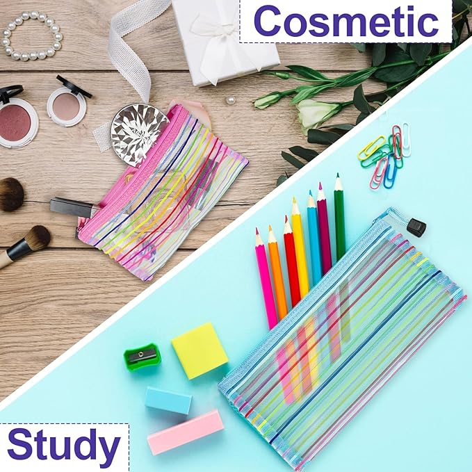 CarryEpic Mesh Bags with Zipper (10 Pack), Small Nylon Makeup Bag Cosmetic Pouches Travel Organizer for Purse Diaper Bag Home Organizing Striped Mix 10 Colors