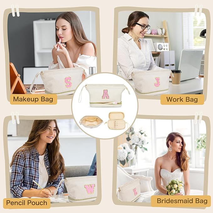 Makeup Bag for Girls Gift, Personalized Valentines Day Gifts Initial Women Makeup Bag for Travel, Double Layer Cosmetic Bag with Brush Organizer Preppy Make up Bag for Teen Girl Trendy - L