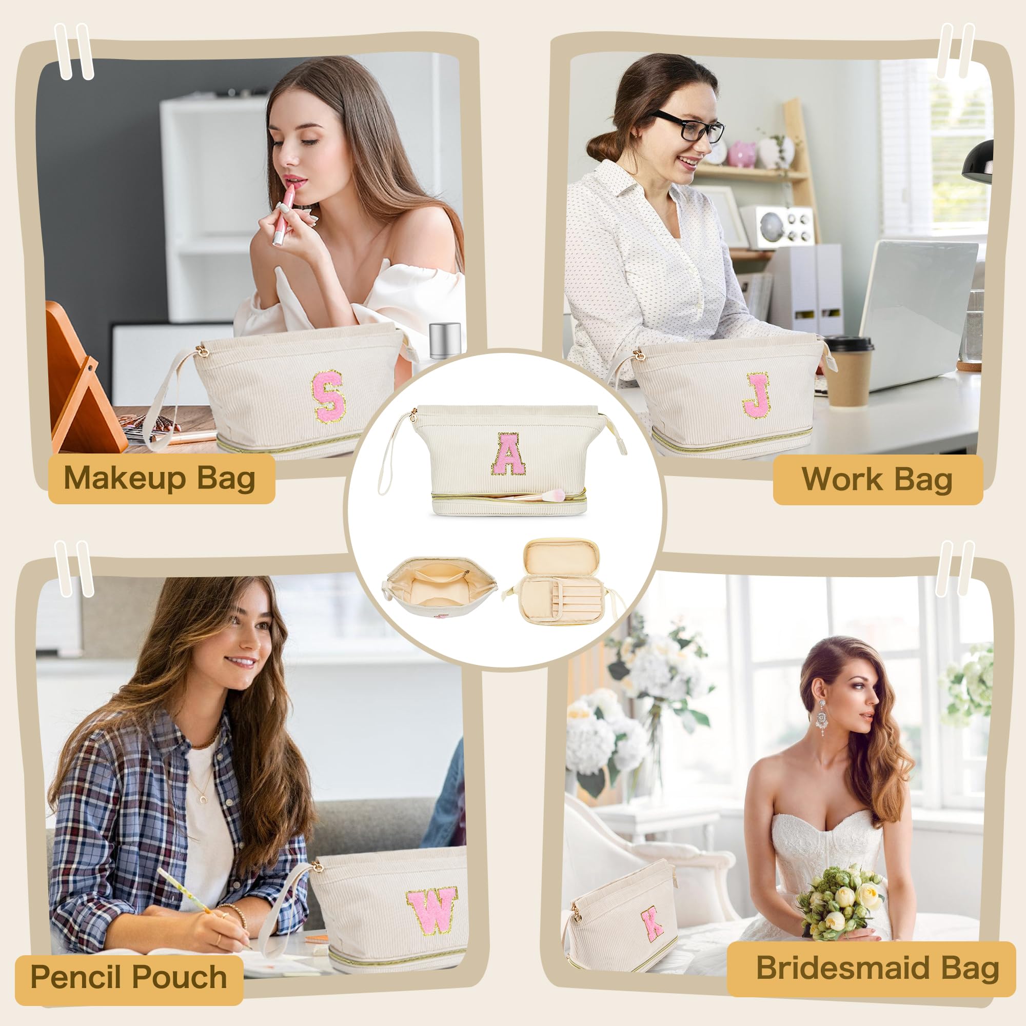 Makeup Bag for Girls Gift, Personalized Valentines Day Gifts Initial Women Makeup Bag for Travel, Double Layer Cosmetic Bag with Brush Organizer Preppy Make up Bag for Teen Girl Trendy - L