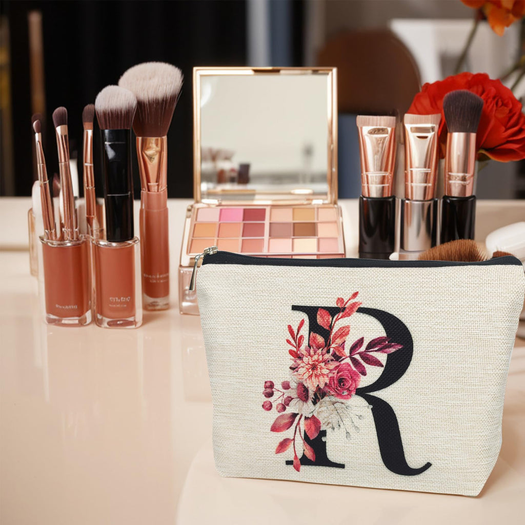 Initial A-Z Personalized Floral Makeup Bag, Monogrammed Birthday Gifts for Women Mom, Mothers Day Christmas Gift Ideas for Best Friend, Bride Bridesmaid, Her, Grandma, Small Travel Cosmetic Bag (R)