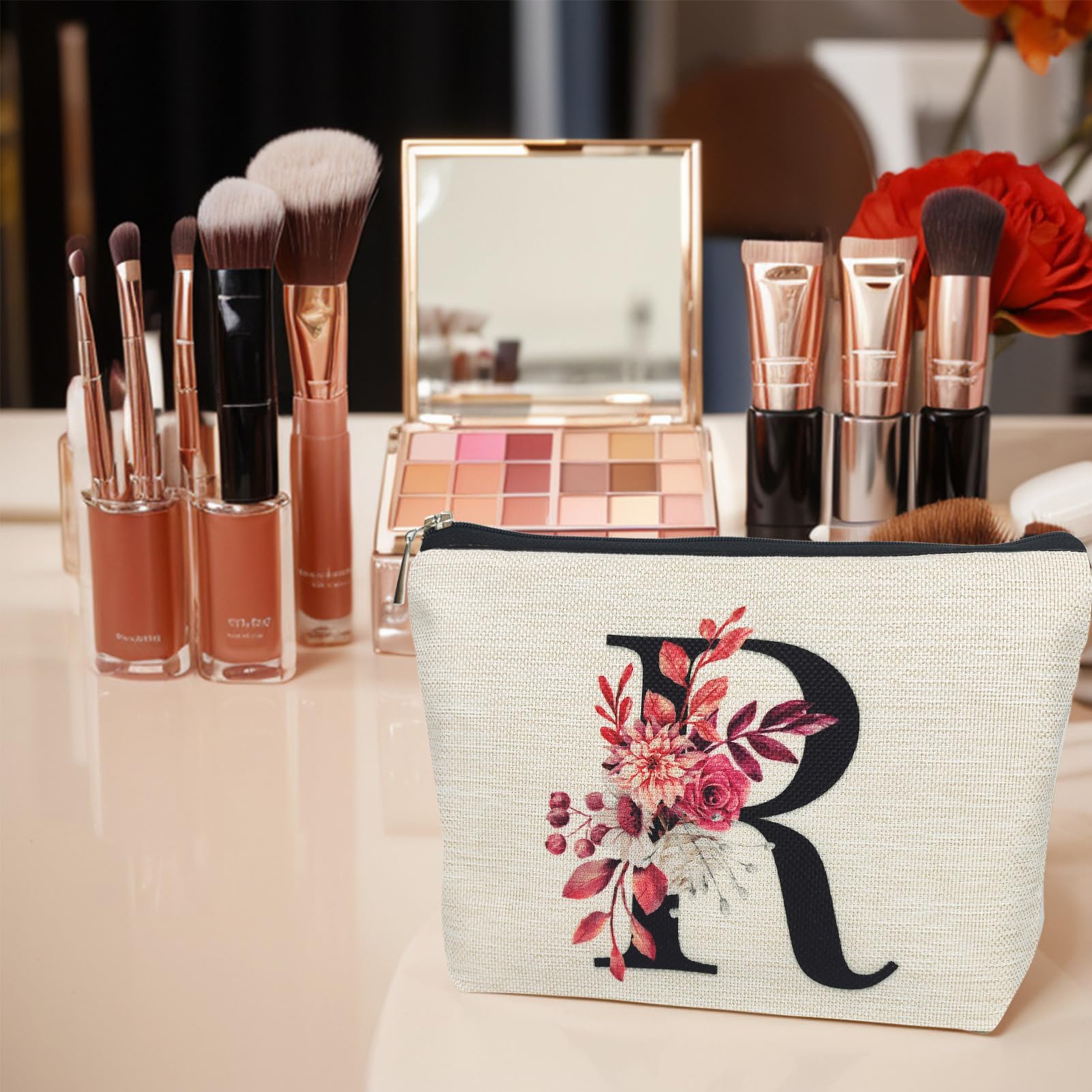 Initial A-Z Personalized Floral Makeup Bag, Monogrammed Birthday Gifts for Women Mom, Mothers Day Christmas Gift Ideas for Best Friend, Bride Bridesmaid, Her, Grandma, Small Travel Cosmetic Bag (R)