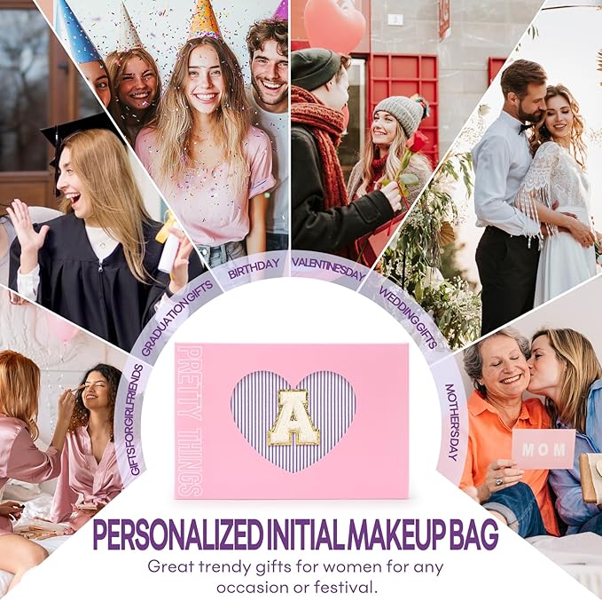 2 PCS Initial Makeup Bags for Women: Cosmetic Bag for Travel Toiletry - Birthday Gifts for 11 12 13 14 15 16 17 18 Years Old Girl Graduation Teacher Gift- Teen Girl Gifts Trendy Stuff - Purple D