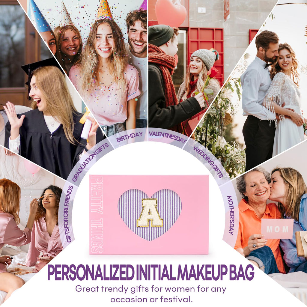 2 PCS Initial Makeup Bags for Women: Cosmetic Bag for Travel Toiletry - Birthday Gifts for 11 12 13 14 15 16 17 18 Years Old Girl Graduation Teacher Gift- Teen Girl Gifts Trendy Stuff - Purple H