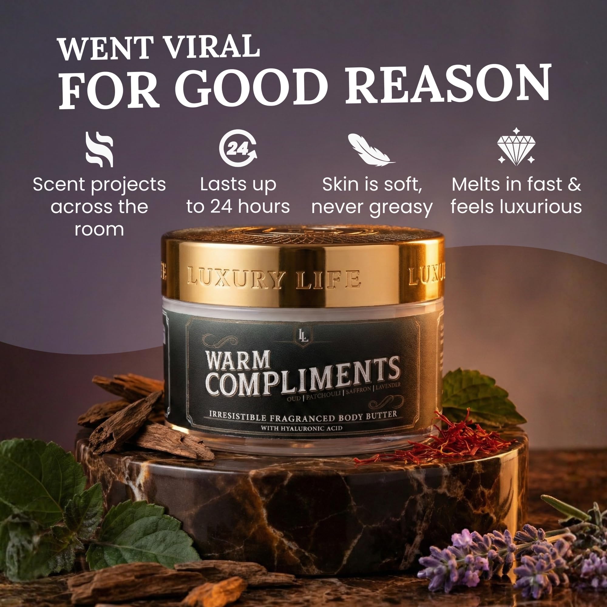 LUXURY LIFE BUTTER - 40% Extrait de Parfum Fragranced Body Butter with Hyaluronic Acid for Ultimate Moisture - Luxurious Room-Filling Natural Fragrances - Non-Greasy, USA Made, Warm Compliments, 5 oz