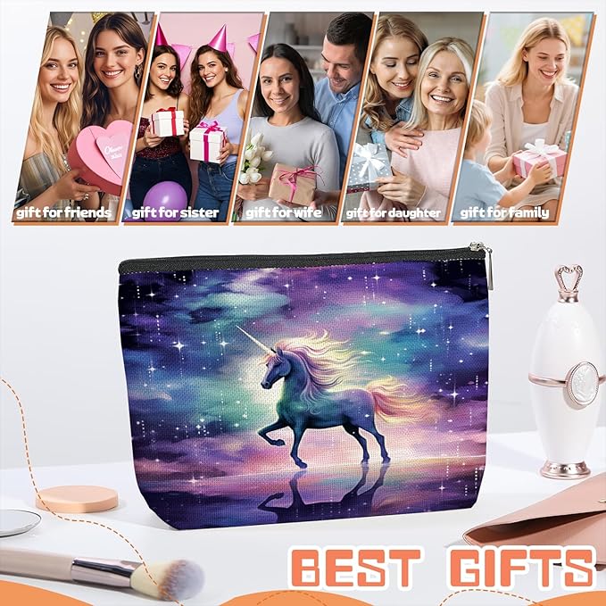 Scribesense Makeup Bag Travel Cosmetic Bags Small Makeup Case Waterproof Zipper Pouch for Women Girls 7X9inches - Unicorn in A Starry And Cloudy Background