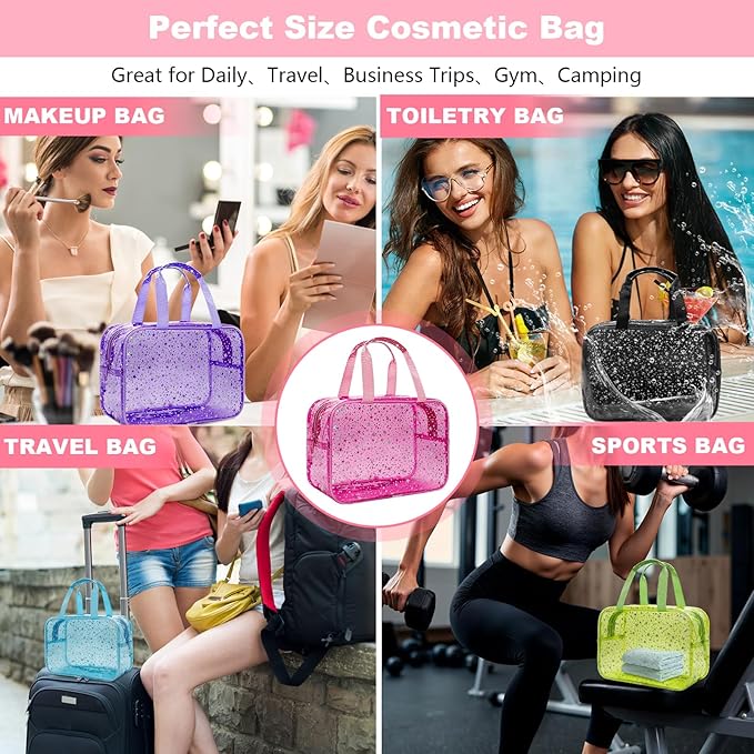 Junesters Clear Yellow Star Large Makeup Bag with Star Pattern 12x5x8 inch, Travel Cosmetic Bag with Handle, Durable PVC Material Washbag Zipper Opening Design for Makeup Travel Organizer or Gym Use