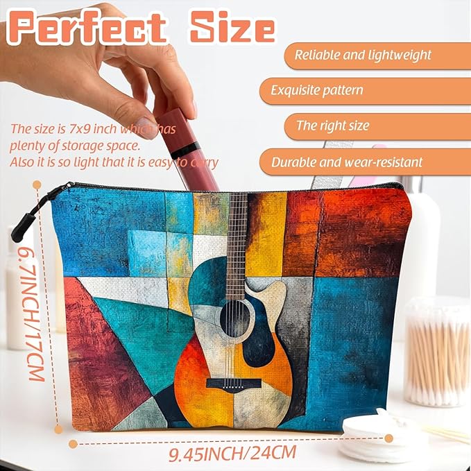 Scribesense Cosmetic Bags Travel Makeup Toilet Case Waterproof Pouch for Women Girls 6.7X9.45inches - Abstract Guitar in A Multicolored Geometric Composition