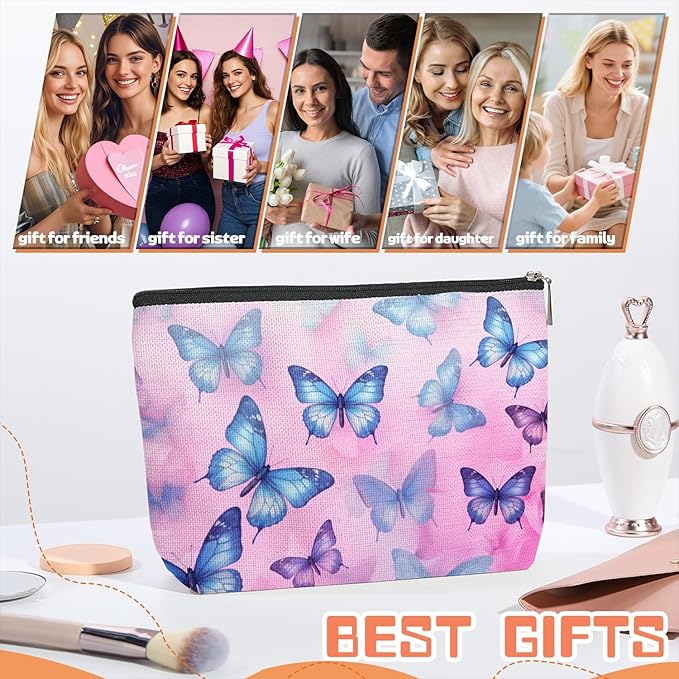 Scribesense Makeup Bag Travel Cosmetic Bags Small Makeup Case Waterproof Zipper Pouch for Women Girls 7X9inches - Blue And Purple Butterflies on A Pink Background