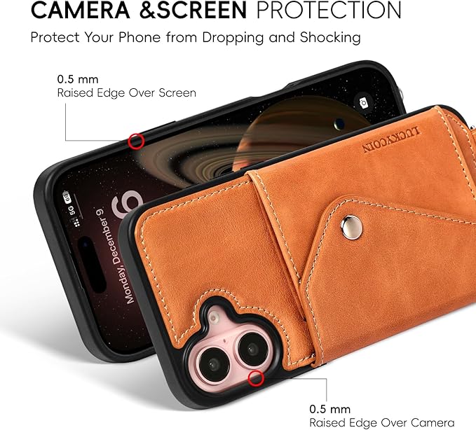 LUCKYCOIN Crossbody Phone Case for iPhone 16 Plus,100% Genuine Leather Phone Wallet Case for Women, Premium Hands-Free Phone Purse with Expandable Flip Card Holder & Adjustable Strap - Retro Brown