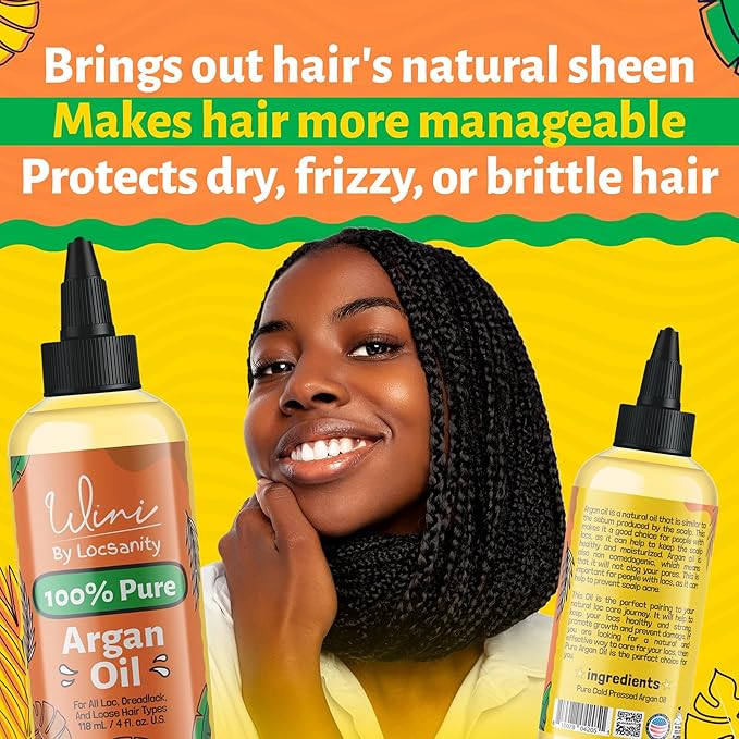 Locsanity Wini Pure 100% Cold Pressed Organic Argan Oil for Hair and Body | Non-GMO | 4 fl oz: Moisturizing Oil for Hair Growth, Skin Hydration, Nail Care & Frizz Control