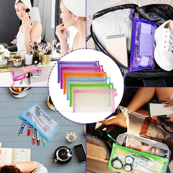 CarryEpic Mesh Pouches(6 Pack), Mesh Bags with Zipper Nylon Makeup Pouches Bag Cosmetic Pouch Travel Purse Organizer Insert Diaper Inside Bag Organizers Home Organizing Size See Through Cute Colors