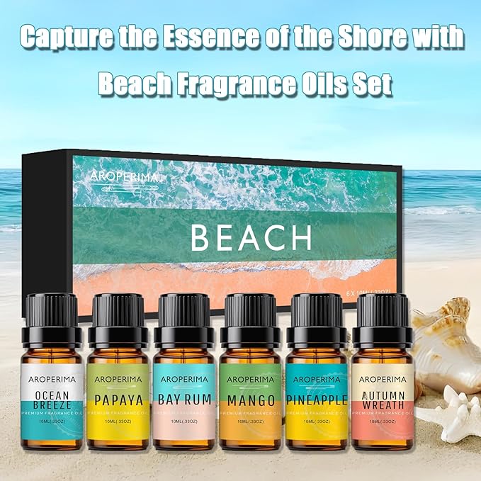 AROPERIMA Beach Fragrance Essential Oil Set - Ocean Breeze, Bay Rum, Pineapple, Autumn Wreath, Mango, Papaya 6x10ML Essential Oil for Diffusers, Soap Making and Candle