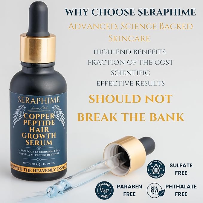 Seraphime Copper Peptide Serum for Hair Growth - Caffeine, Niacinamide, Rosemary Oil, Saw Palmetto Hair Density Serum, Topical Tripeptide Scalp Care for Hair Thinning, Women & Men 1 fl oz