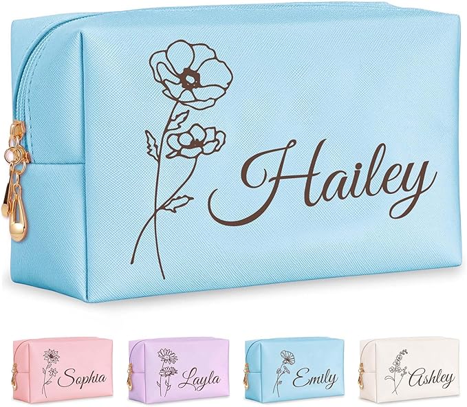 Fincekoom Personalized Makeup Bag with Name & Birth Flower, Custom Leather Cosmetic Bags for Women, Customized Travel Toiletry Bag Gifts for Bridesmaid Wedding