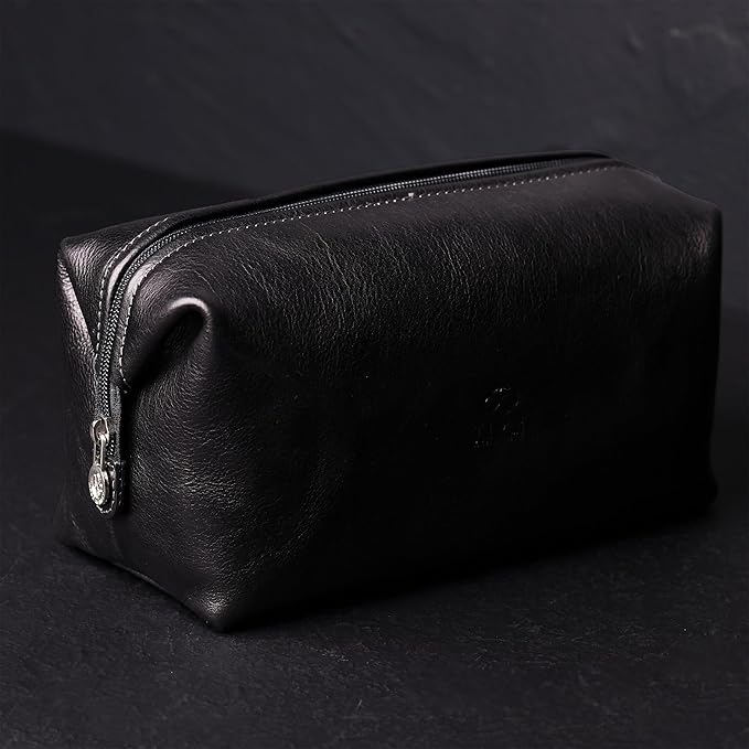 Time Resistance Leather Toiletry Bag - Italian Cosmetic Case Dopp Kit (Black)
