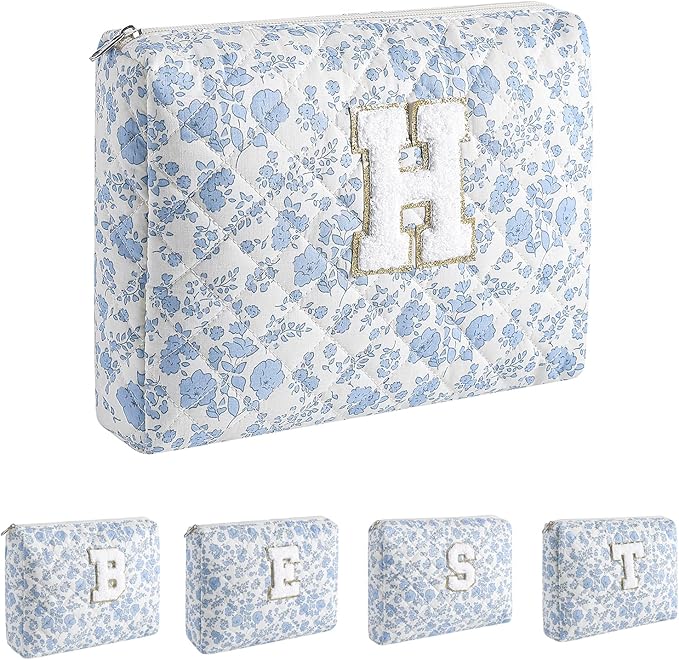 WHHJM Alphabet Makeup Bag Cosmetic Bag for Women, Christmas Gifts for Age 11-18, Personalized Floral Coquette Travel Bag, Trendy Stuff Zipper Make Up Pouch Organizer Bag (Blue Floral H)