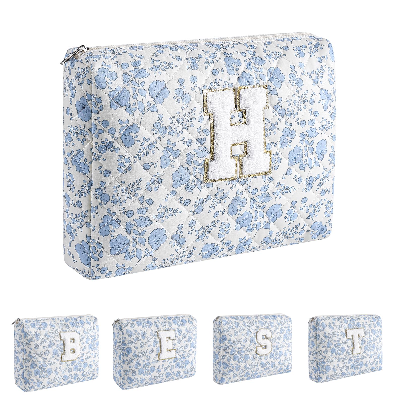 WHHJM Alphabet Makeup Bag Cosmetic Bag for Women, Christmas Gifts for Age 11-18, Personalized Floral Coquette Travel Bag, Trendy Stuff Zipper Make Up Pouch Organizer Bag (Blue Floral H)