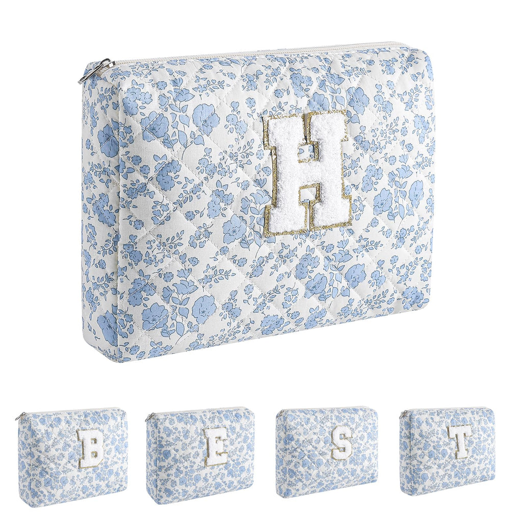 WHHJM Alphabet Makeup Bag Cosmetic Bag for Women, Christmas Gifts for Age 11-18, Personalized Floral Coquette Travel Bag, Trendy Stuff Zipper Make Up Pouch Organizer Bag (Blue Floral H)
