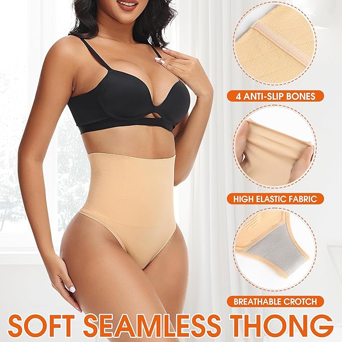 Niceuare Tummy Control Thong Shapewear for Women High Waist Body Shaper Underwear Seamless Comfortable Panty Thong（Nude，Large