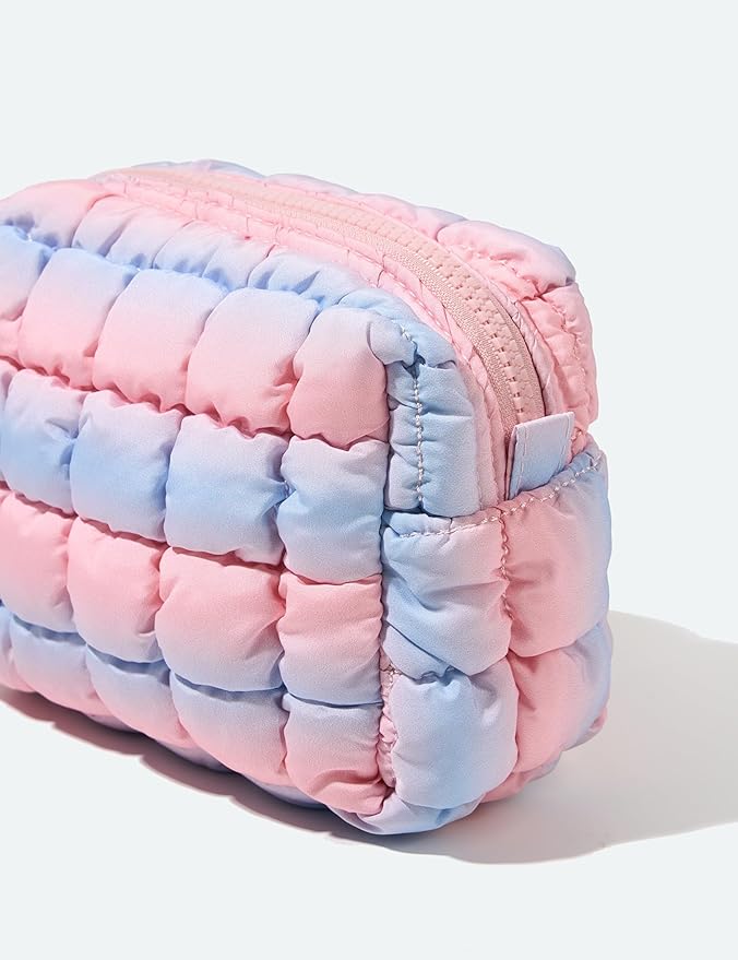 Yarnic Blue Pink Quilted Makeup Bag Puffer Cosmetic Bag, Blue Pink, S