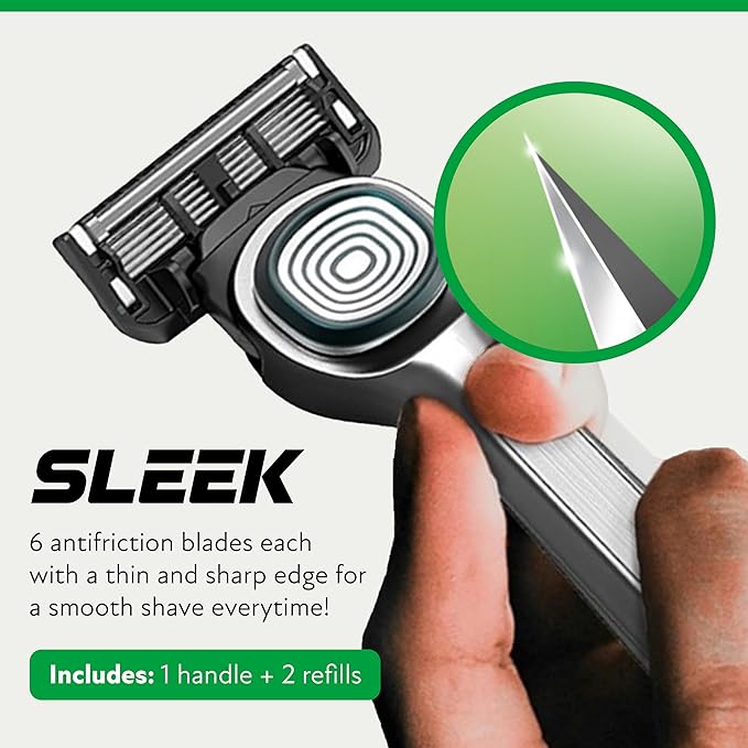 DORCO SLEEK 6 Blade Razor for Men with Multi-Flex Technology for a Smooth & Comfortable Shave | Cartridge Razor for Men, Razor Handle + 2 Cartridges