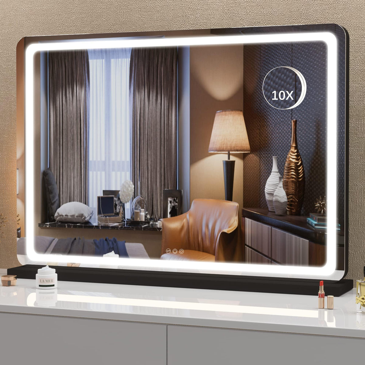 Hasipu Vanity Mirror with Lights, 27.6" x 20" LED Makeup Mirror, Lighted Makeup Mirror with Dimmable 3 Modes, Touch Screen Control Vanity Mirror Round Gold