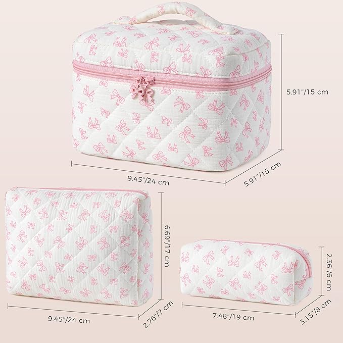 HBselect Quilted Makeup Bag, 3Pcs Cotton Large Travel Makeup Bags Organizer