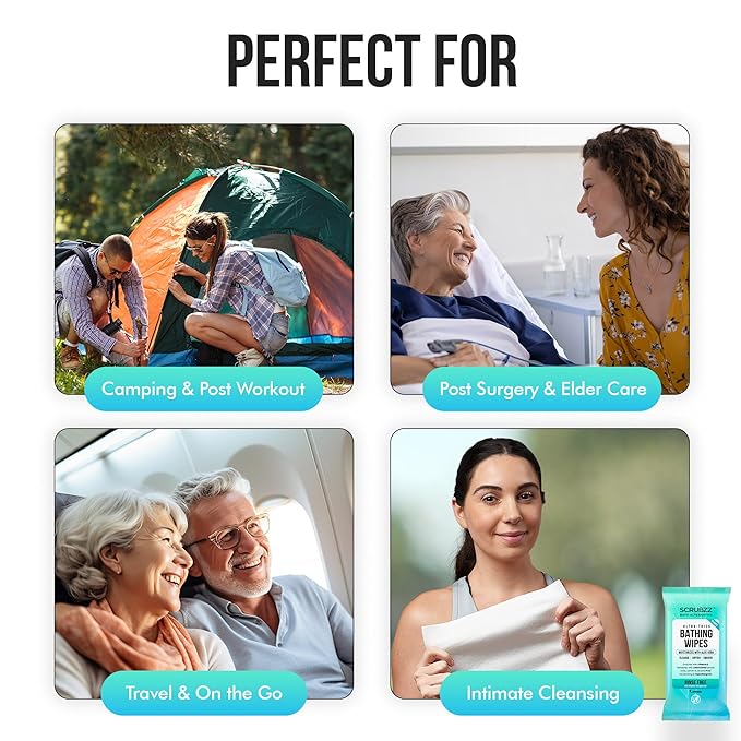 Extra Large Body Wipes for Adults Bathing No Rinse - 120 Ultra Thick Disposable Shower Wipes for Men, Women & Elderly - Great for Gym, Camping, Post Surgery