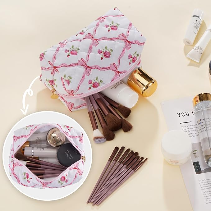 UUYUUY Makeup Bag Travel Toiletry Bag for Women, Small Cosmetic Bags Cute Quilted Cotton Makeup Pouch for Purse Emergency Bag Floral Pencil Case Accessory Bag, Bow and Floral