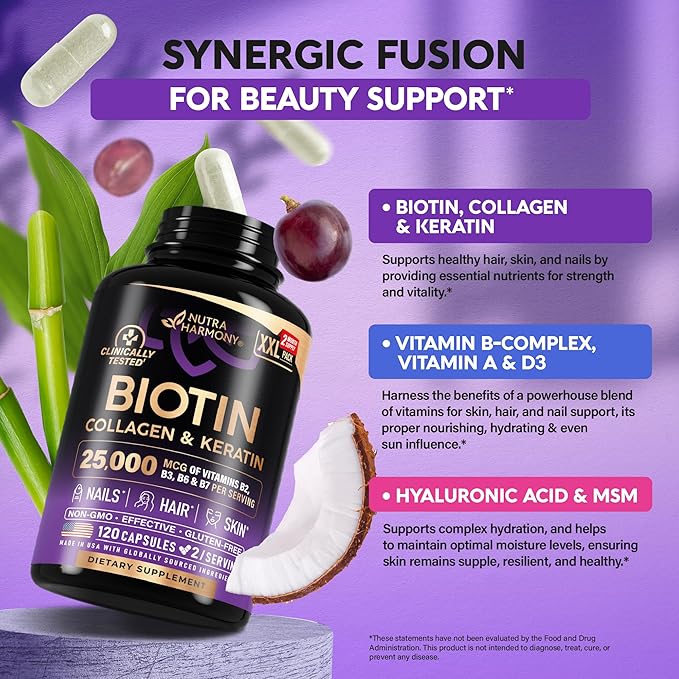 Biotin, Collagen, Hyaluronic Acid & Keratin - Hair Growth Support, 120 Caps
