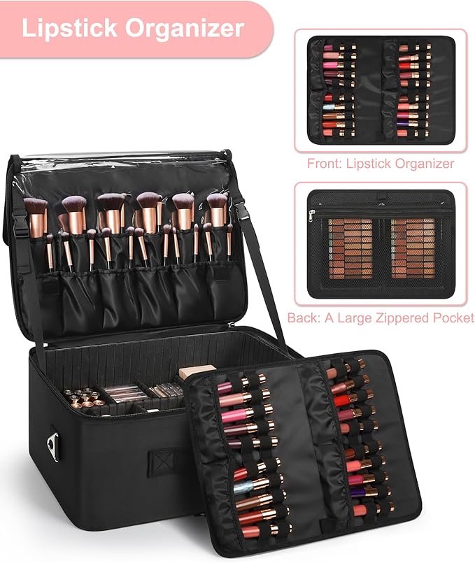Relavel Extra Large Cosmetic Case, Travel Makeup Bag with 4 Clear Pouches & Lipstick Plate, Portable Cosmetic Case Storage Organizer Box for Makeup Artists with Shoulder Strap & Adjustable Dividers
